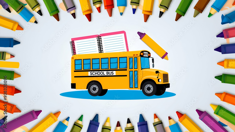 Poster 3d Flat icon as School Bus with Notebook and Crayons concept as A school bus with a notebook and crayons set against a whimsical background offering ample space for text or graphics symbolizing creati