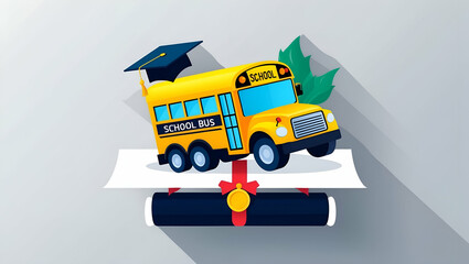 Naklejka premium 3d Flat icon as School Bus with Graduation Cap and Diploma concept as A school bus with a graduation cap and a diploma set against a dreamy background offering ample space for text or graphics symboli