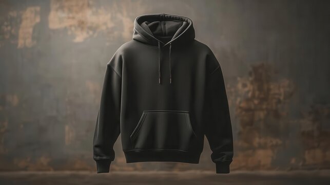 minimalist black hoodie suspended in air against muted grey backdrop clean lines and subtle shadows emphasize form perfect for showcasing customizable designs