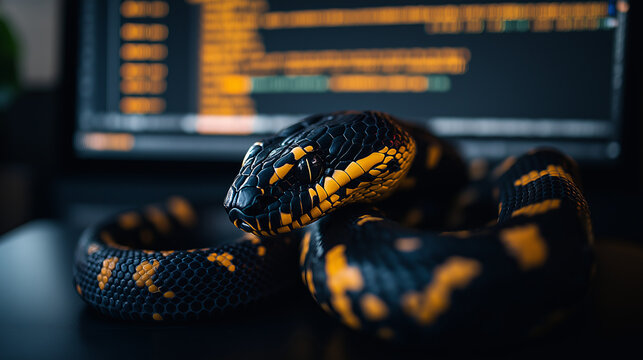 A black and yellow snake with a blurred background of code.