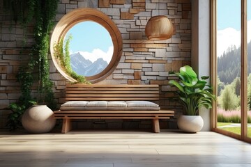 Wooden rustic bench near the wild stone cladding wall facing the window. Farmhouse interior design from modern home entrance