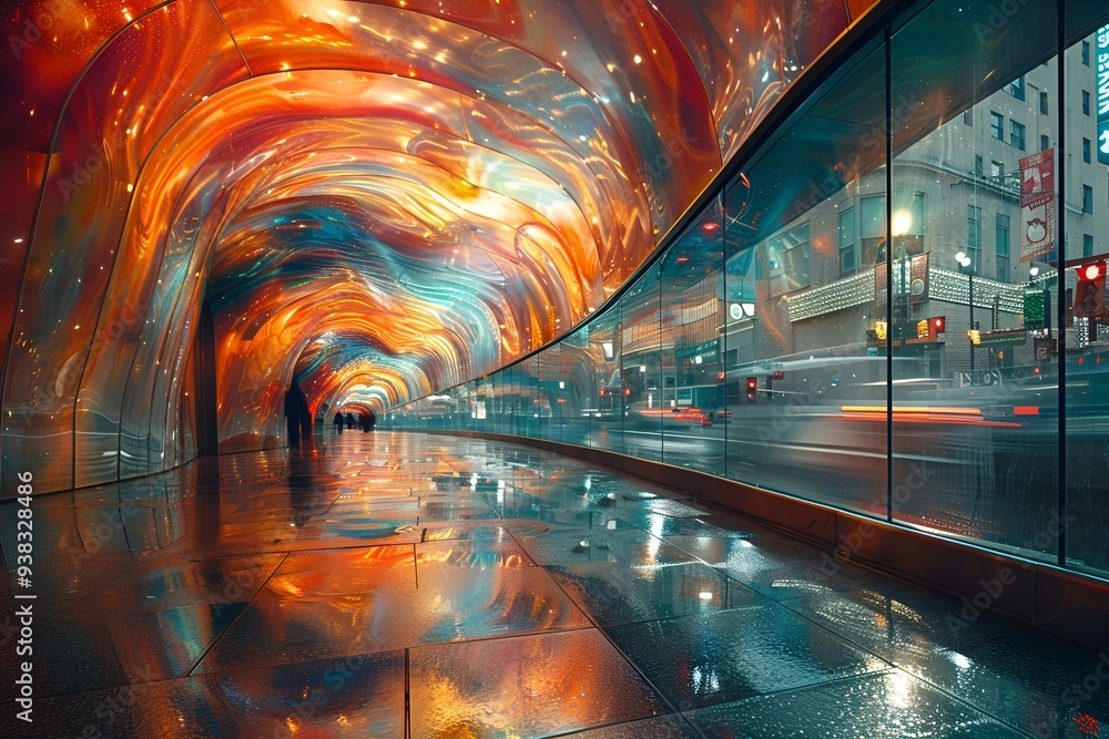 Poster a tunnel with lights and reflection.