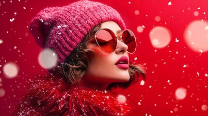 Winter Glamour Woman in Red Fur Coat and Sunglasses with Snowfall. Christmas New Year Sale Banner. Shopping. 