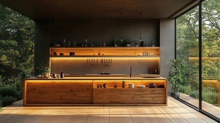 minimalist kitchen bathed in golden hour light sleek wooden surfaces soft shadows zen atmosphere product display potential