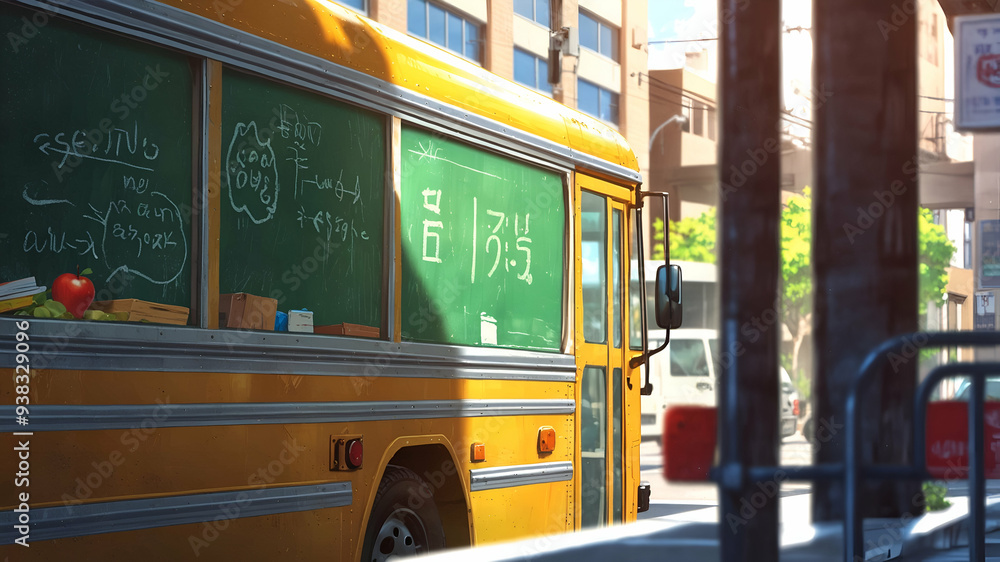 Poster photo realistic as school bus with chalkboard and apple concept as a school bus next to a chalkboard