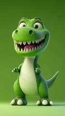 Fototapeta premium Green Cartoon Dinosaur With Open Mouth Smiling