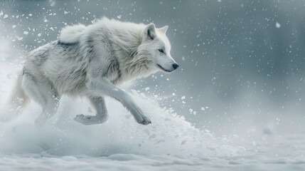Obraz premium An arctic wolf leaping across snowy terrain, its powerful muscles visible through its thick coat, snowflakes scatter in the air as the wolf moves