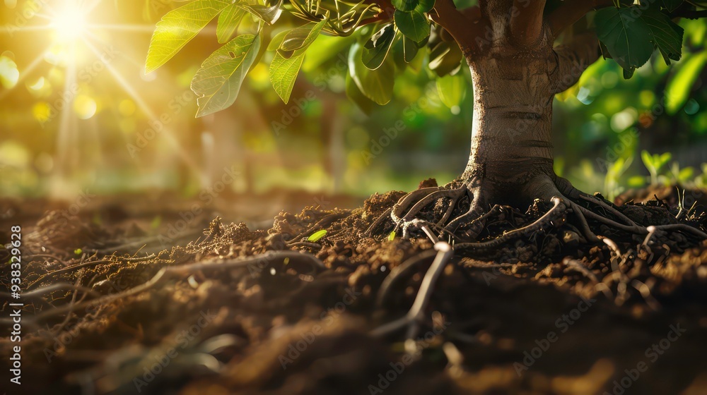 Poster close-up of a tree trunk and roots in the soil with the sun shining through the leaves.
