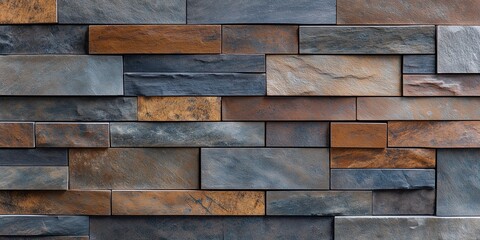 Close-up of a wall of rectangular gray, brown, and beige stone tiles, with slight variations in color and texture.