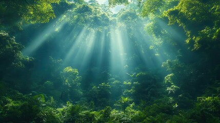 misty rainforest canopy stretching to the horizon sunbeams piercing through layers of verdant foliage ancient trees stand tall symbolizing natures resilience and the urgency of conservation