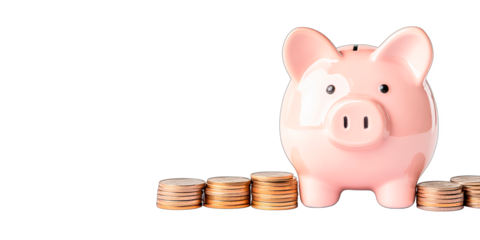 Pink piggy bank surrounded by scattered coins, isolated on a white background with a transparent background. Concept: saving money and financial planning. Suitable for finance, banking, and budgeting 