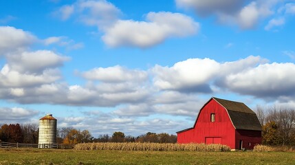 "Red barn, silo, milk cows, and beautiful puffy clouded sky in Indiana USAaas Amish country