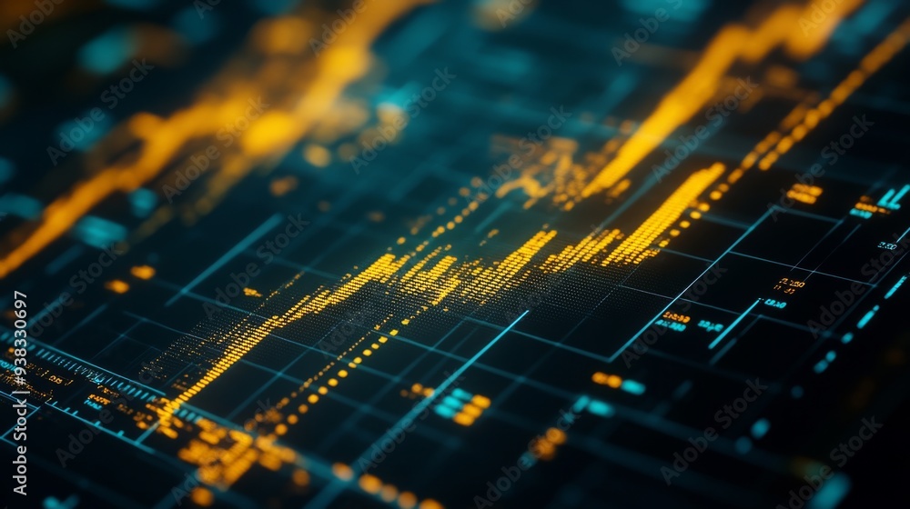 Poster Close-up of a digital screen displaying a gold price chart with fluctuating lines and data points, reflecting market trends