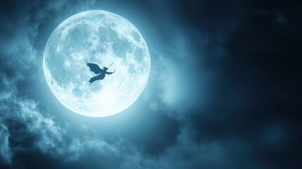 Spooky Night: Full Moon with Flying Witch Silhouette