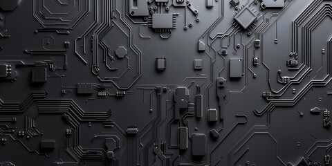 Abstract background with microchips and textured blur, grey and black shades, minimalistic design.