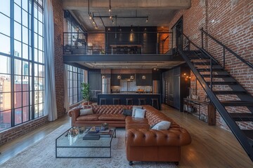 Modern industrial living room with exposed brick and sleek design elements in an urban loft setting