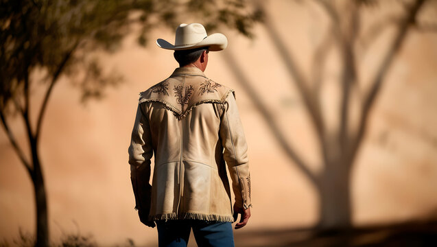 a cowboy in a tan leather jacket and hat