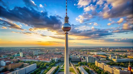 Naklejka premium Detail of the Berlin television tower Fernsehturm at Alexanderplatz in Berlin Mitte, futuristic, panoramic view, cityscape, architecture, Germany, iconic tower, Berlin TV tower