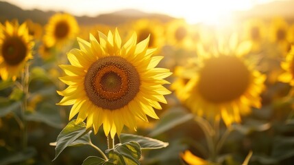 Close-up of a field of blooming sunflowers, with the sun casting a warm glow on their bright yellow petals