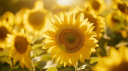 Obraz premium Close-up of a field of blooming sunflowers, with the sun casting a warm glow on their bright yellow petals