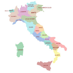 Hand drawn map of Italy regions with Sicily and Sardinia. Italian language sign. Silhouette, Europe geography. Vector isolated on white background