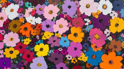 Close-up of a field of cosmos flowers in various colors, creating a lively and colorful floral scene