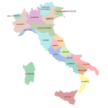 Hand drawn map of Italy regions with Sicily and Sardinia. Italian language sign. Silhouette, Europe geography. Vector isolated on white background