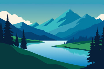 Serene Mountain Lake Framed by Lush Trees and Grass art vector illustration