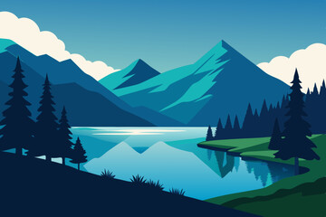 Serene Mountain Lake Framed by Lush Trees and Grass art vector illustration