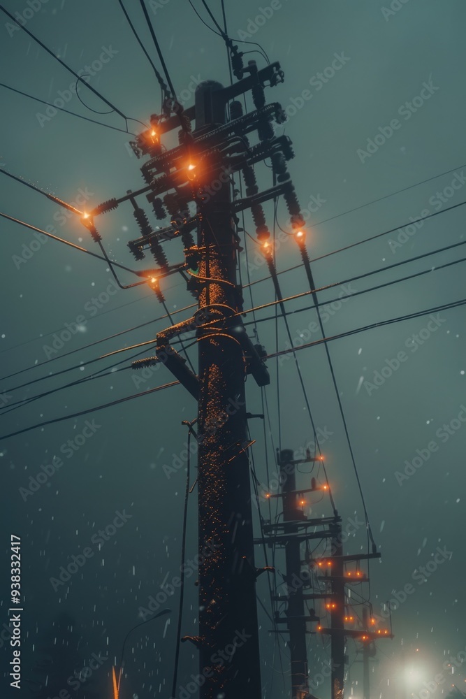 Poster a telephone pole with multiple lights on top