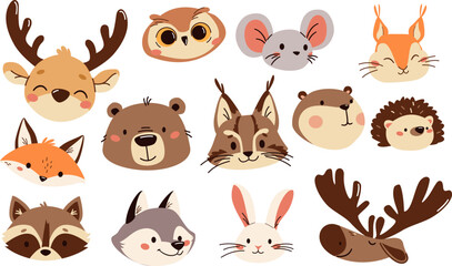 Set of flat vector illustrations. Forest animals, muzzles and faces bear mouse hare elk deer hedgehog fox squirrel raccoon beaver lynx owl. Vector illustration