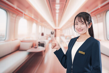 ラグジュアリーな鉄道で乗務員をする若い女性