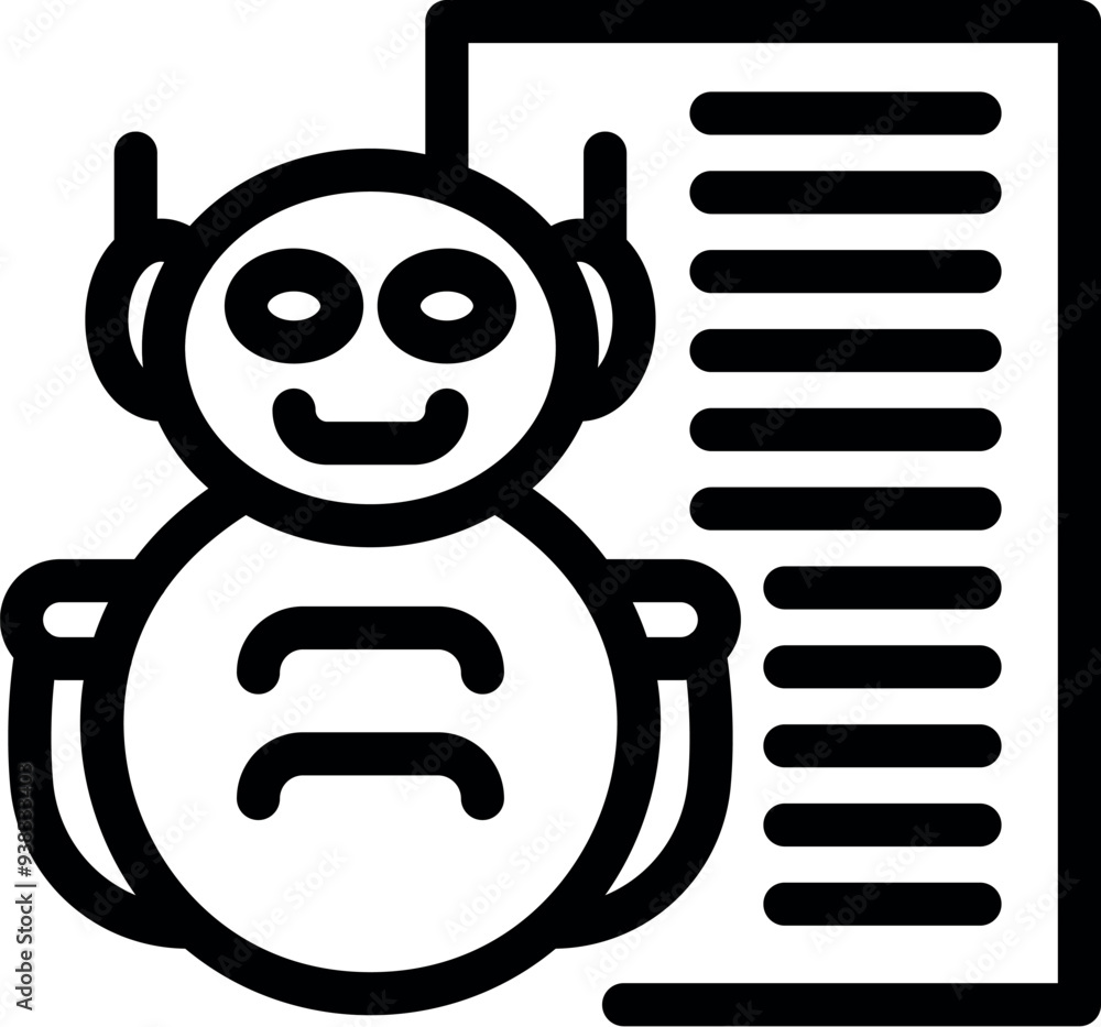 Poster robot is standing next to a document, representing its ability to process large datasets for advance
