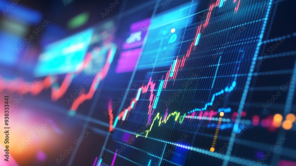 Aufkleber close-up of a financial graph with fluctuating stock market trends and colorful line charts on a dig