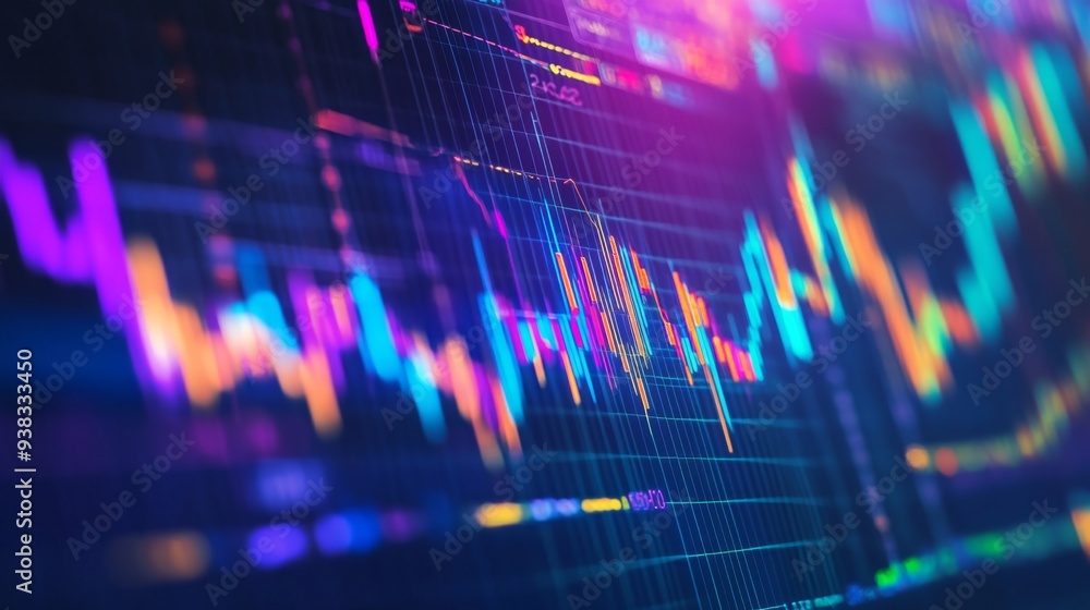 Poster Close-up of a financial graph with fluctuating stock market trends and colorful line charts on a digital screen