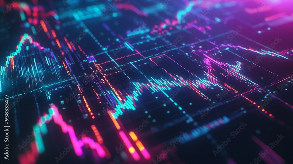 Aufkleber close-up of a financial graph with fluctuating stock market trends and colorful line charts on a dig