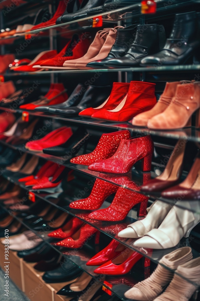 Poster a display case filled with various types of shoes, perfect for retail or office use