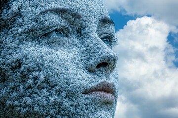 Surreal stone face blending with clouds, showcasing artistic representation of nature and human unity under a blue sky.