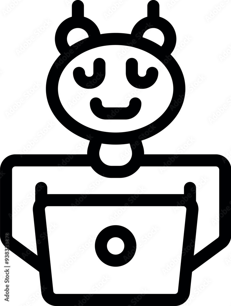 Aufkleber line art vector icon of a happy robot working on a laptop, conveying a sense of technological advanc