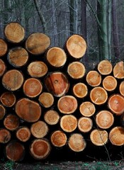 Logging lumber in the deep woods.
Freshly sawn tree trunks stacked neatly against a dense forest background. Close-up.