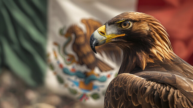 Golden eagle in a powerful composition with the vibrant colors of the Mexican flag in the background, symbolizing patriotism, cultural heritage, and the strength of national identity. - Powered by Adobe