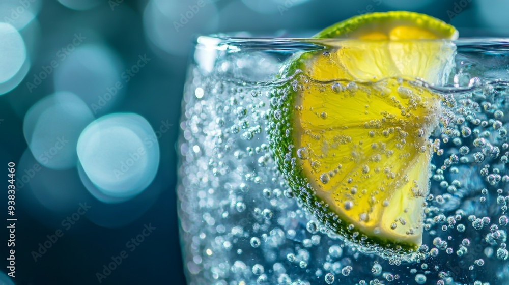 Poster close-up of a frosty glass of sparkling water with bubbles and a lime wedge