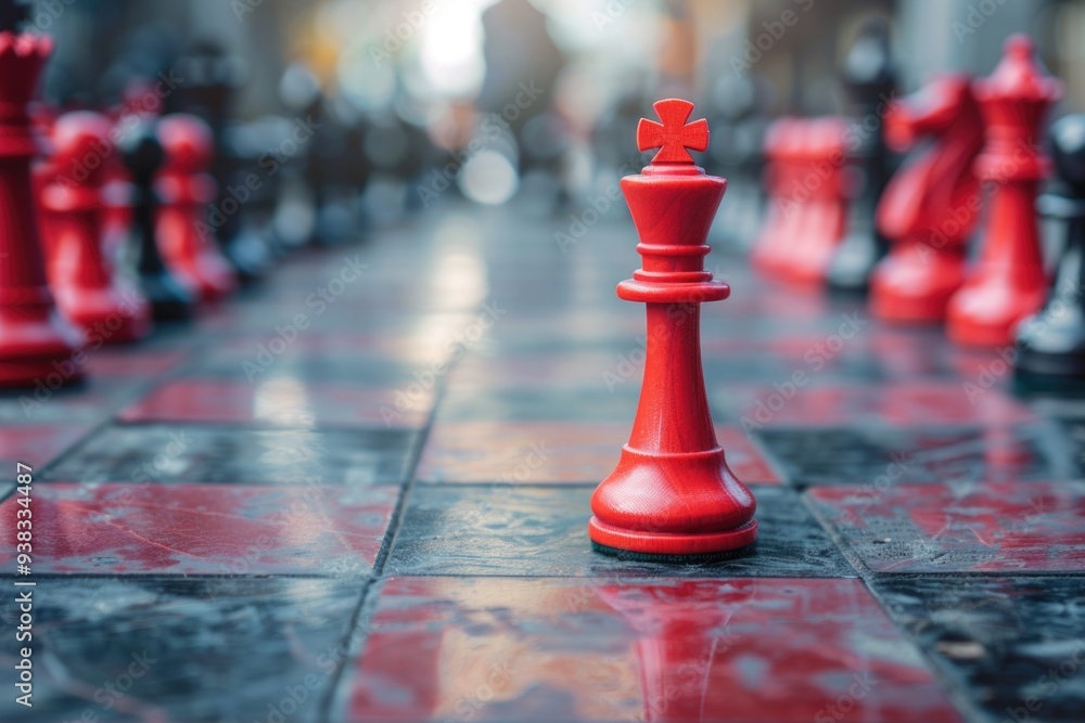 Poster close-up view of a red chess piece on a chessboard, perfect for business or educational projects