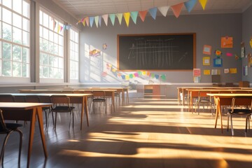 A bright and inviting classroom filled with colorful decorations. Sunlight streams in through large windows, casting warm shadows. Perfect for educational themes. Generative AI