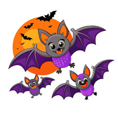 Playful Purple and Orange Bats in Flight Cartoon Illustration - Whimsical and Creative Design Ideal for Children's Halloween Theme, Adorable and Fun Halloween Decoration Concept