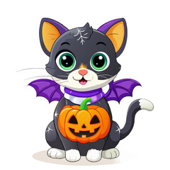 Playful and Quirky Black Cat Cartoon Illustration with Purple and Orange Colors, Perfect for Children's Halloween Decorations and Celebrations, Friendly and Fun Design Ideal for Kid-Friendly Festive 