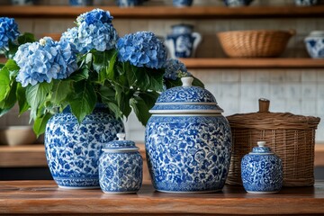 Elegant kitchen decor featuring blue pottery and fresh hydrangeas in a cozy and inviting space