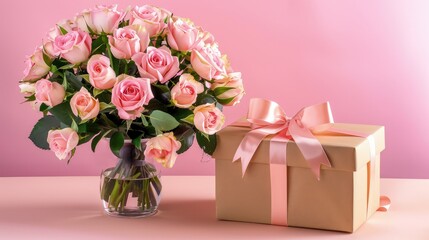 Fototapeta premium Use soft, natural light to illuminate the pink roses and gift box, creating a warm and inviting atmosphere while highlighting the delicate petals