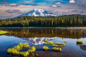 Mt Rainier reflected in Reflection Lakes, Rainier National Park, Washington.