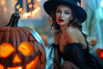 Fototapeta premium Young woman dressed as a witch with a black hat, off-shoulder outfit, and bold red lipstick, poses near a glowing jack-o'-lantern. The scene is illuminated by warm bokeh lights, Halloween atmosphere
